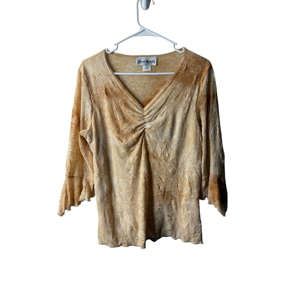 Vintage Claudia Richard Brown Tan Crinkled Textur Fairycore Boho Blouse Y2K 90s